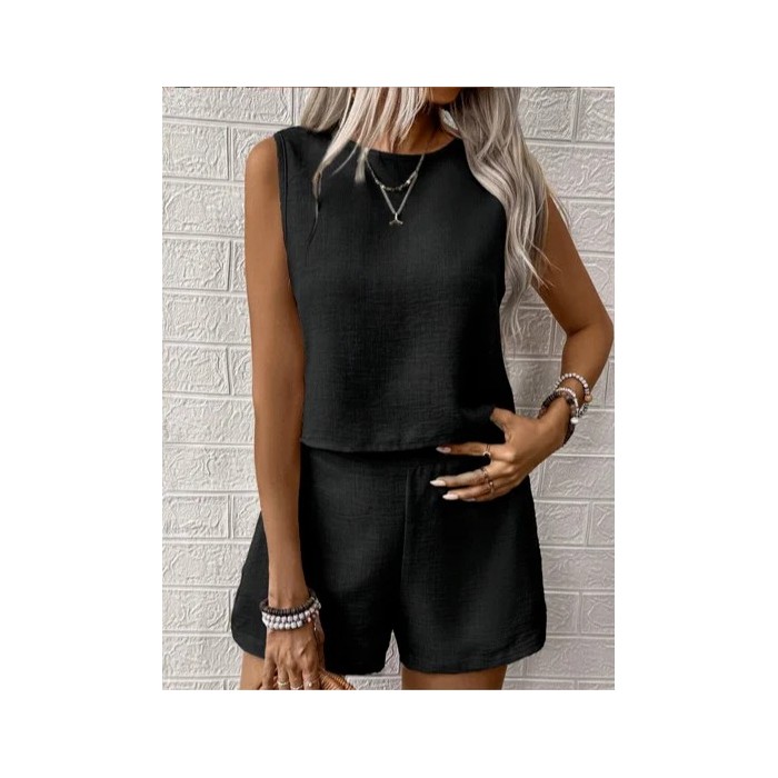 Women Plain Two-Piece Set Daily Sleeveless Casual Summer Top With Pants Matching Set