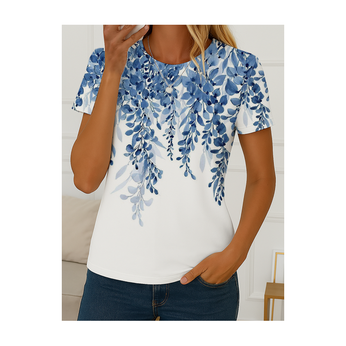 Women Floral Short Sleeve Tee T-shirt Crew Neck Printing Casual Summer Graphic Tee Top