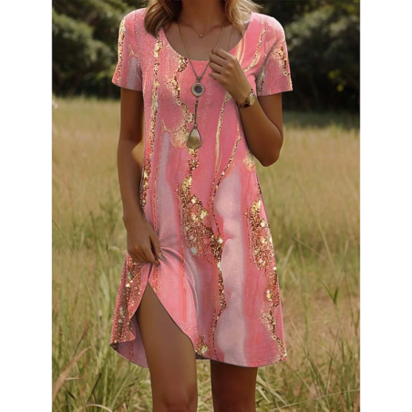 Women Abstract Short Sleeve Summer Printing Dress Crew Neck Daily Casual Mini Tunic H-Line Dress