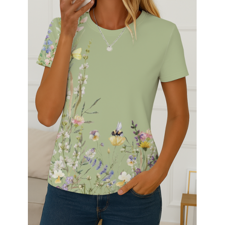 Women Floral Short Sleeve Tee T-shirt Crew Neck Printing Casual Summer Graphic Tee Top