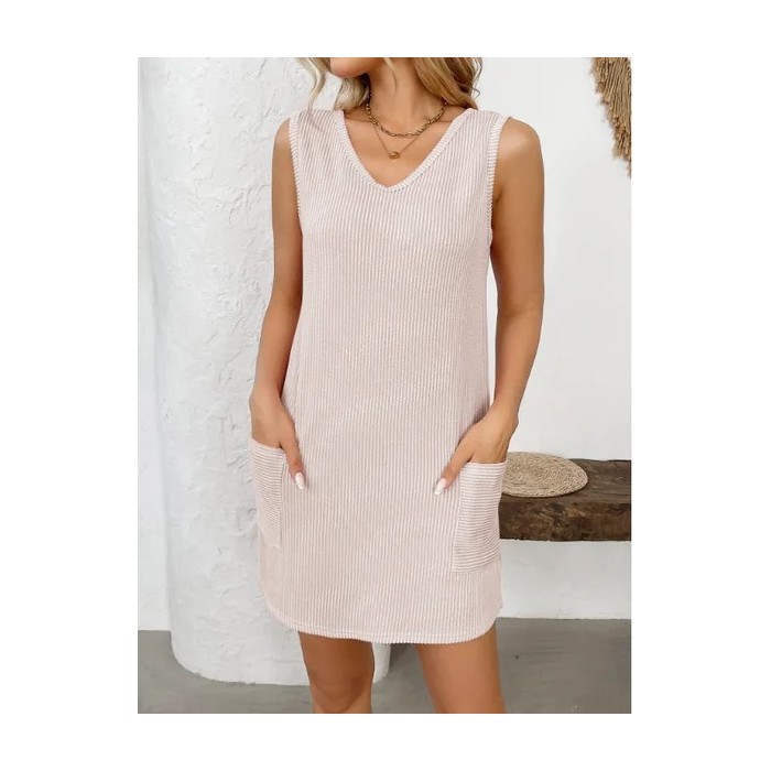 Women Plain Sleeveless Summer Dress V Neck Daily Casual Midi Tank H-Line Dress