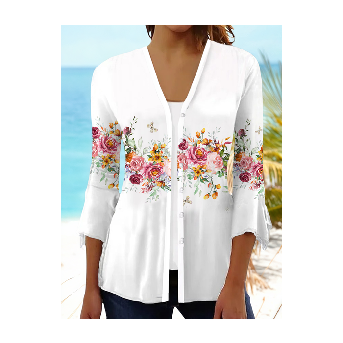 Women Floral Spring/Fall Cover-up Casual Printing Lightweight Cardigan