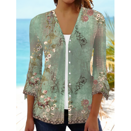 Women Floral Spring/Fall Cover-up Casual Printing Lightweight Cardigan