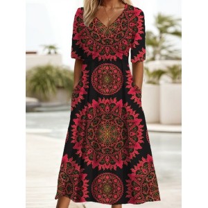Women's Short Sleeve Summer Ethnic Dress V Neck Daily Going Out Casual Maxi A-Line
