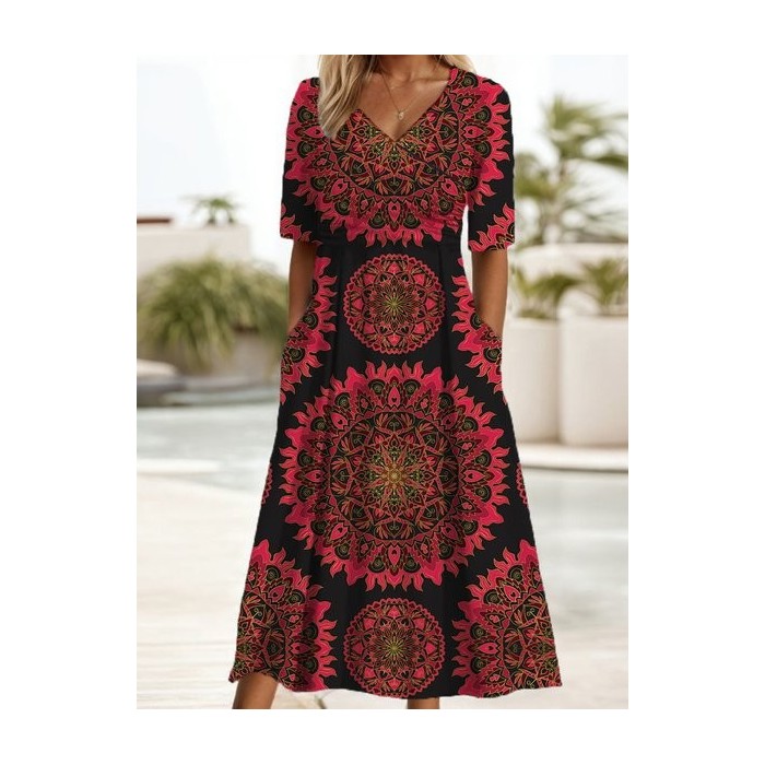 Women's Short Sleeve Summer Ethnic Dress V Neck Daily Going Out Casual Maxi A-Line