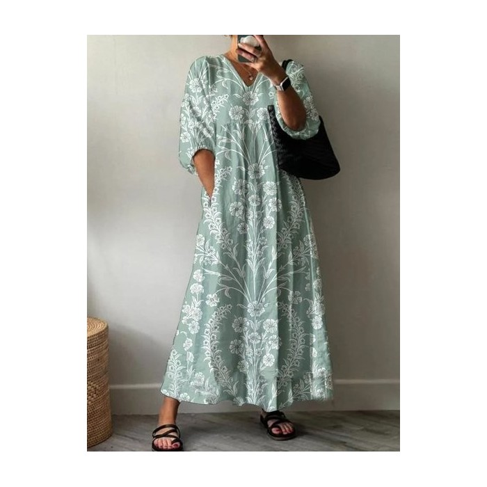 Women Floral Half Sleeve Summer Printing Dress V Neck Daily Casual Maxi A-Line Dress