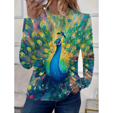 Women Peacock Long Sleeve Tee T-shirt Crew Neck Printing Casual Spring/Fall Graphic Tee Top