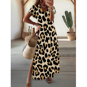 Women Leopard Short Sleeve Summer Printing Dress V Neck Daily Casual Maxi T-Shirt Dress X-Line Dress