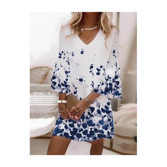 Women Floral Half Sleeve Summer Printing Dress V Neck Daily Casual Midi Classic H-Line Dress