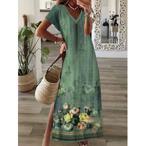 Women Floral Short Sleeve Summer Printing Dress V Neck Daily Casual Maxi T-Shirt Dress X-Line Dress