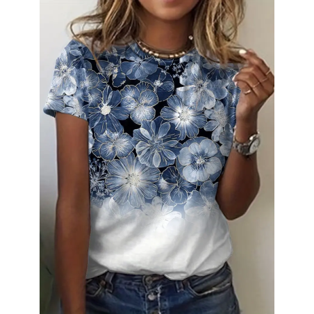 Women Floral Short Sleeve Tee T-shirt Crew Neck Printing Casual Summer Graphic Tee Top