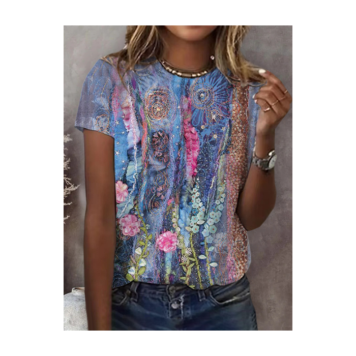Women Floral Short Sleeve Tee T-shirt Crew Neck Printing Casual Summer Graphic Tee Top