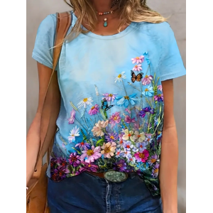 Women Floral Short Sleeve Tee T-shirt Crew Neck Printing Casual Summer Graphic Tee Top