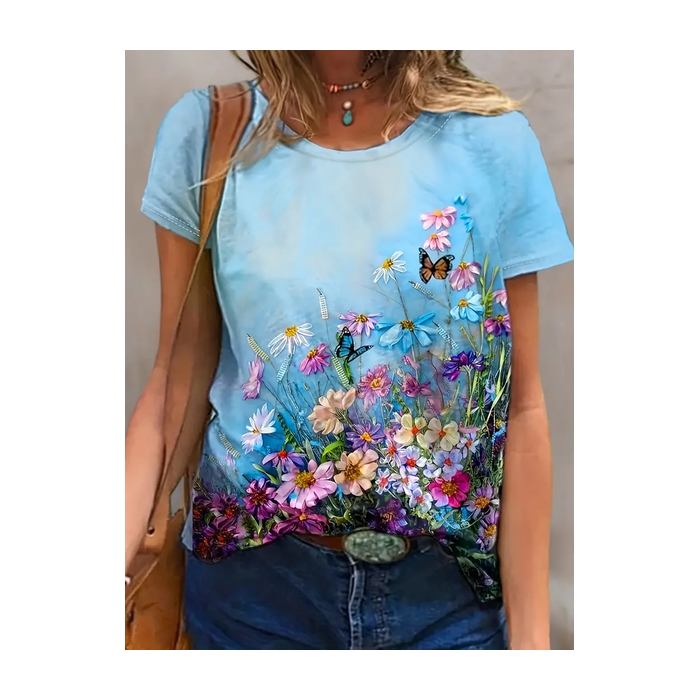 Women Floral Short Sleeve Tee T-shirt Crew Neck Printing Casual Summer Graphic Tee Top