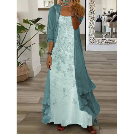 Women Floral Printing Two-Piece Set Daily Three Quarter Sleeve Casual Spring/Fall Dress With Coat Matching Set