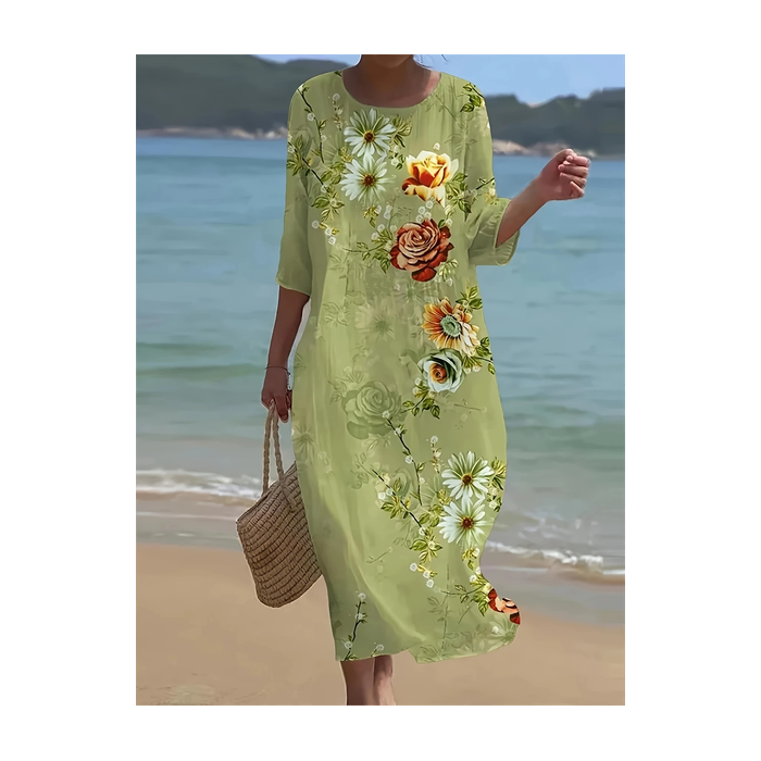 Women Floral Half Sleeve Summer Printing Dress Crew Neck Daily Casual Maxi H-Line Dress