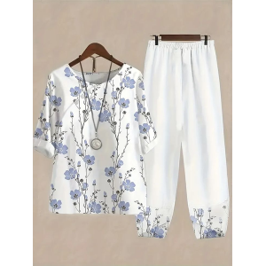 Women Floral Printing Two-Piece Set Daily Half Sleeve Casual Summer Top With Pants Matching Set