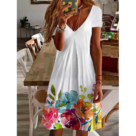 Women Floral Short Sleeve Summer Printing Dress V Neck Daily Casual Midi Fit & Flare Dress A-Line Dress