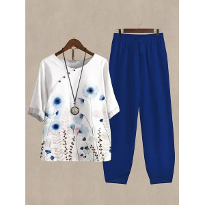 Women Floral Printing Two-Piece Set Daily Half Sleeve Casual Summer Top With Pants Matching Set