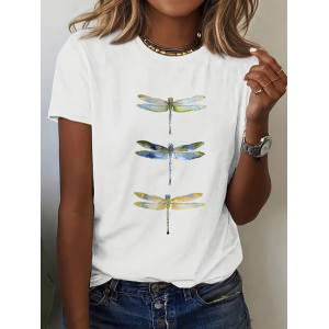 Women Dragonfly Short Sleeve Tee T-shirt Crew Neck Printing Casual Summer Graphic Tee Top