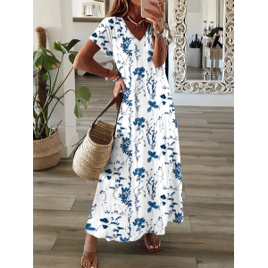Women Floral Short Sleeve Summer Printing Dress V Neck Daily Casual Maxi T-Shirt Dress X-Line Dress