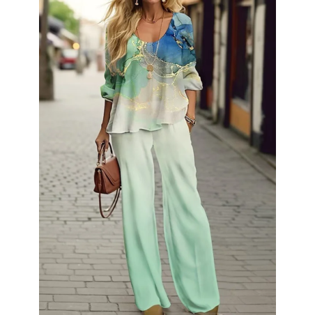 Women Abstract Printing Two-Piece Set Daily Long Sleeve Casual Spring/Fall Top With Pants Matching Set