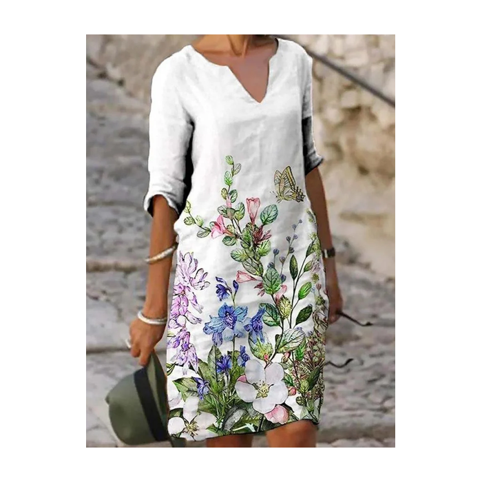 Women Floral Half Sleeve Summer Printing Dress V Neck Daily Casual Mini Shift Dress H-Line Dress