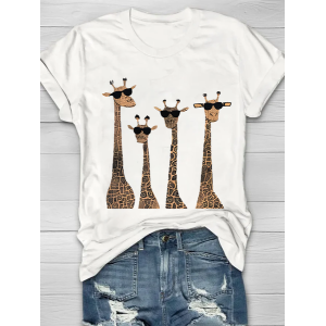 Women Deer Short Sleeve Tee T-shirt Crew Neck Printing Casual Summer Graphic Tee Top