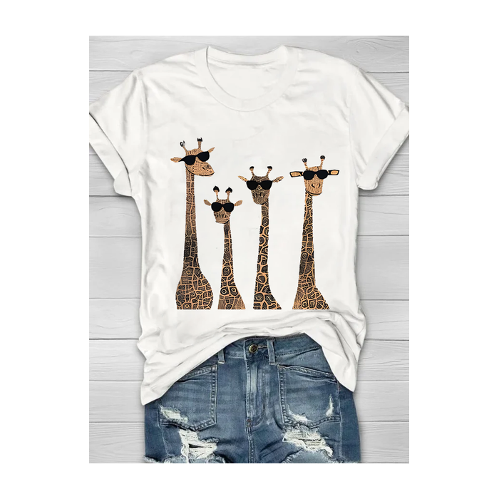 Women Deer Short Sleeve Tee T-shirt Crew Neck Printing Casual Summer Graphic Tee Top