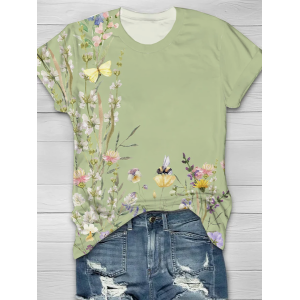 Women Floral Short Sleeve Tee T-shirt Crew Neck Printing Casual Summer Graphic Tee Top