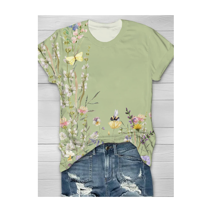 Women Floral Short Sleeve Tee T-shirt Crew Neck Printing Casual Summer Graphic Tee Top