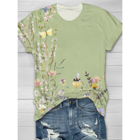 Women Floral Short Sleeve Tee T-shirt Crew Neck Printing Casual Summer Graphic Tee Top