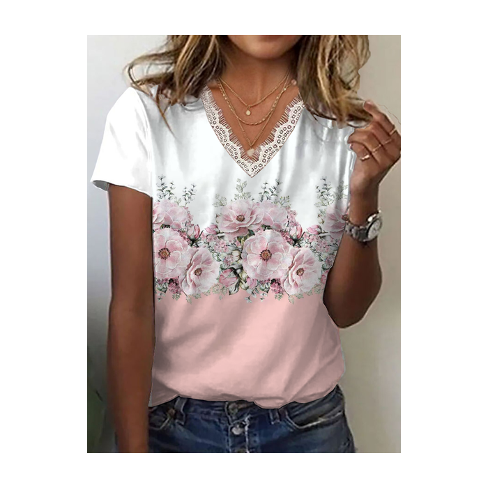 Women Floral Short Sleeve Tee T-shirt V Neck Printing Casual Summer Graphic Tee Top