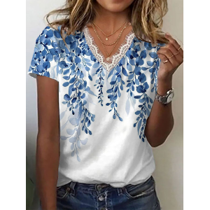 Women Floral Short Sleeve Tee T-shirt V Neck Printing Casual Summer Graphic Tee Top