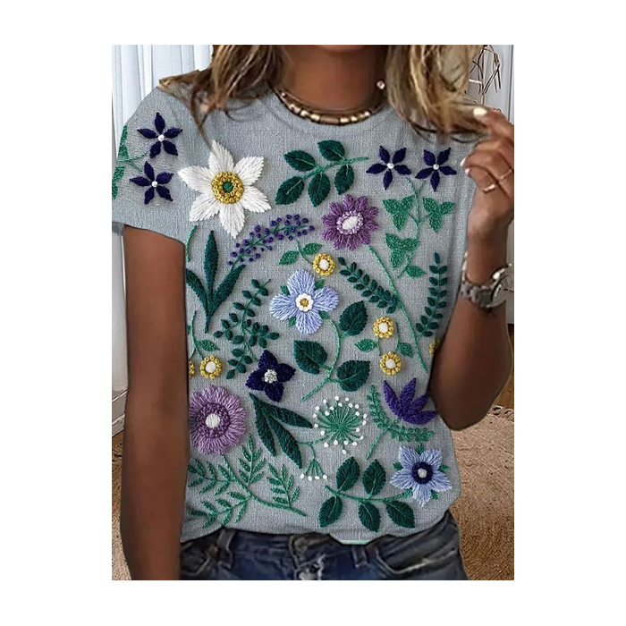 Women Floral Short Sleeve Tee T-shirt Crew Neck Printing Casual Summer Top