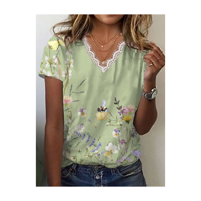Women Floral Short Sleeve Tee T-shirt V Neck Printing Casual Summer Graphic Tee Top