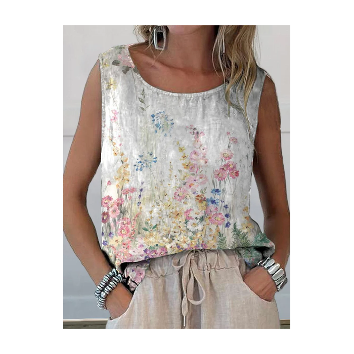 Women Sleeveless Tank Top Camisole Summer Floral Printing Crew Neck Daily Casual Top