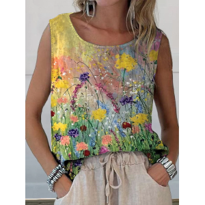 Women Sleeveless Tank Top Camisole Summer Floral Printing Crew Neck Daily Casual Top