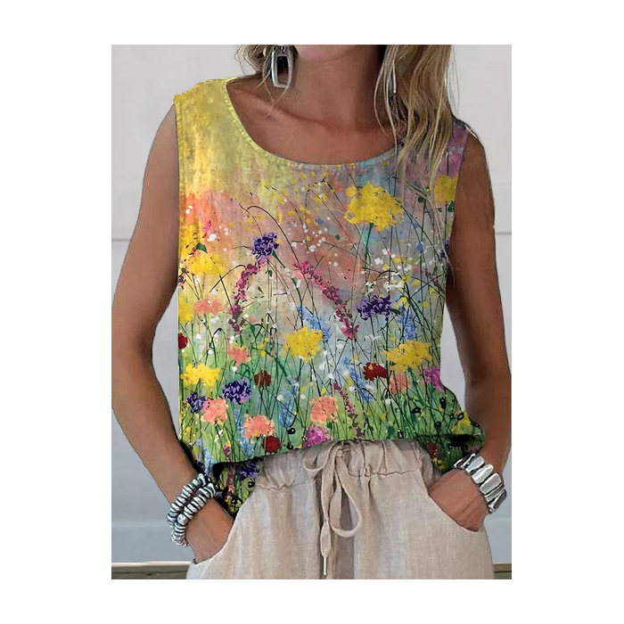 Women Sleeveless Tank Top Camisole Summer Floral Printing Crew Neck Daily Casual Top