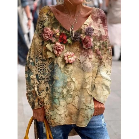 Women's Long Sleeve Tee T-shirt Spring/Fall Floral Printing V Neck Casual Top