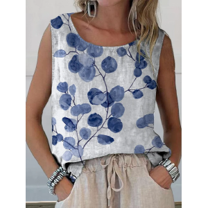 Women Sleeveless Tank Top Camisole Summer Floral Printing Crew Neck Daily Casual Top
