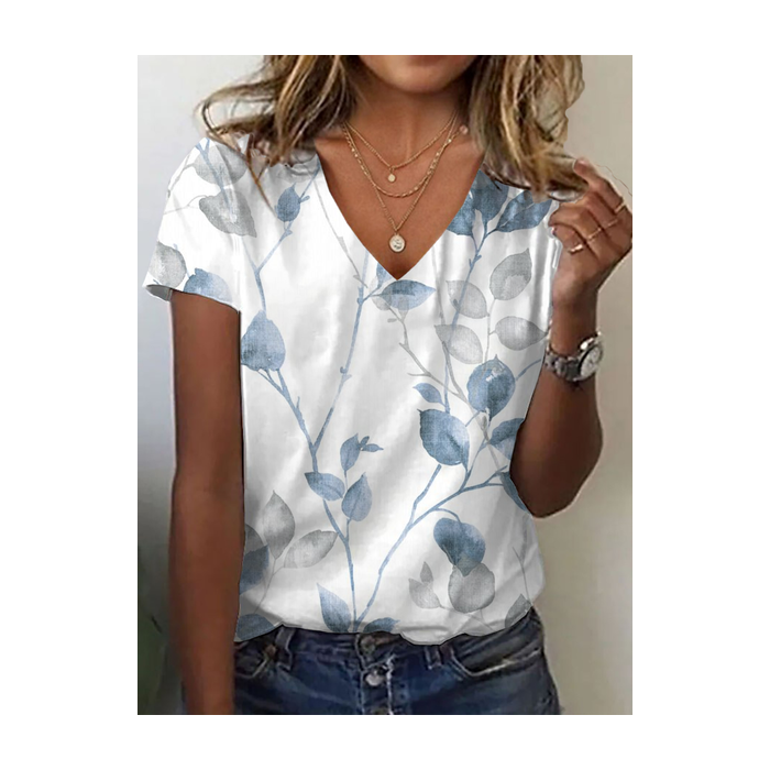 Women Floral Short Sleeve Tee T-shirt V Neck Printing Casual Summer Graphic Tee Top