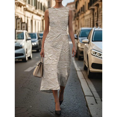 Women Floral Sleeveless Summer Printing Dress Crew Neck Daily Vintage Maxi Shift Dress H-Line Dress