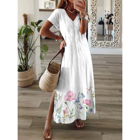 Women Floral Short Sleeve Summer Printing Dress V Neck Daily Casual Maxi T-Shirt Dress X-Line Dress