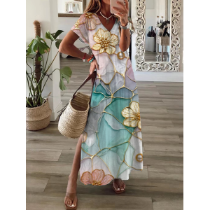 Women Floral Short Sleeve Summer Printing Dress V Neck Daily Casual Maxi T-Shirt Dress X-Line Dress