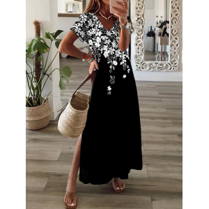 Women Floral Short Sleeve Summer Printing Dress V Neck Daily Casual Maxi T-Shirt Dress X-Line Dress