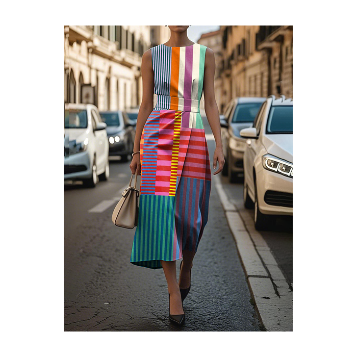 Women Striped Sleeveless Summer Printing Dress Crew Neck Daily Vintage Maxi Shift Dress H-Line Dress