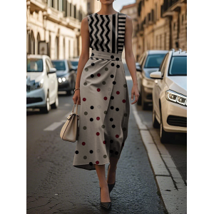 Women Geometric Sleeveless Summer Printing Dress Crew Neck Daily Vintage Maxi Shift Dress H-Line Dress