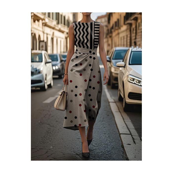 Women Geometric Sleeveless Summer Printing Dress Crew Neck Daily Vintage Maxi Shift Dress H-Line Dress