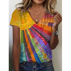 Women Hippie Short Sleeve Tee T-shirt V Neck Printing Casual Summer Graphic Tee Top